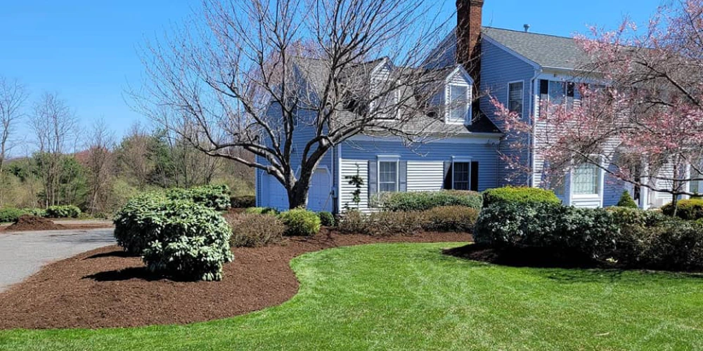 newly installed landscape and flower bed in front of house